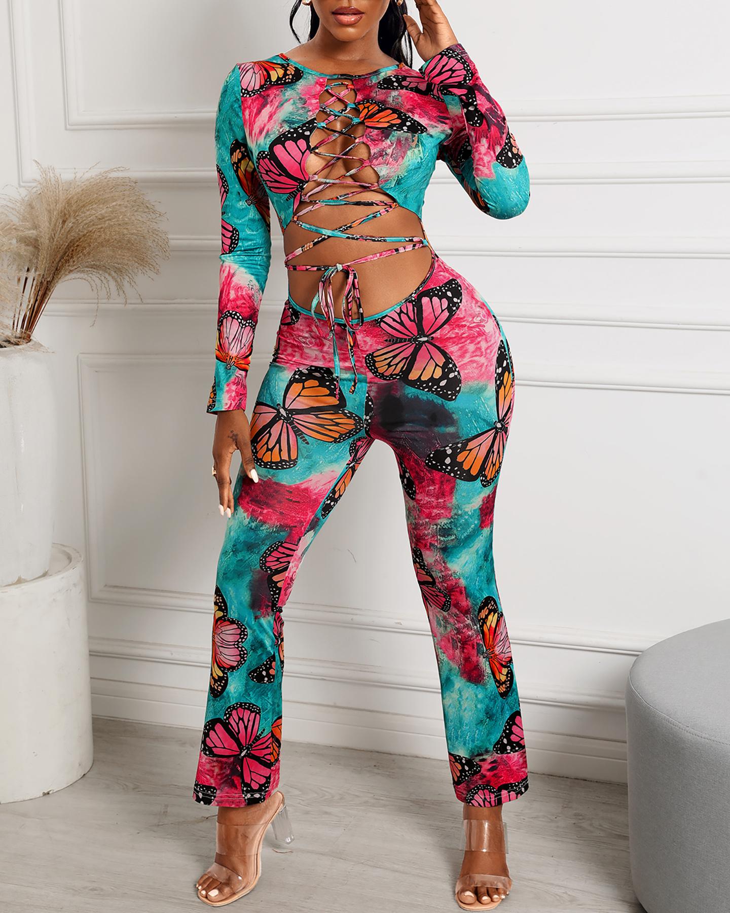 

Butterfly Tie Dye Print Lace-up Front Cutout Jumpsuit, Multicolor