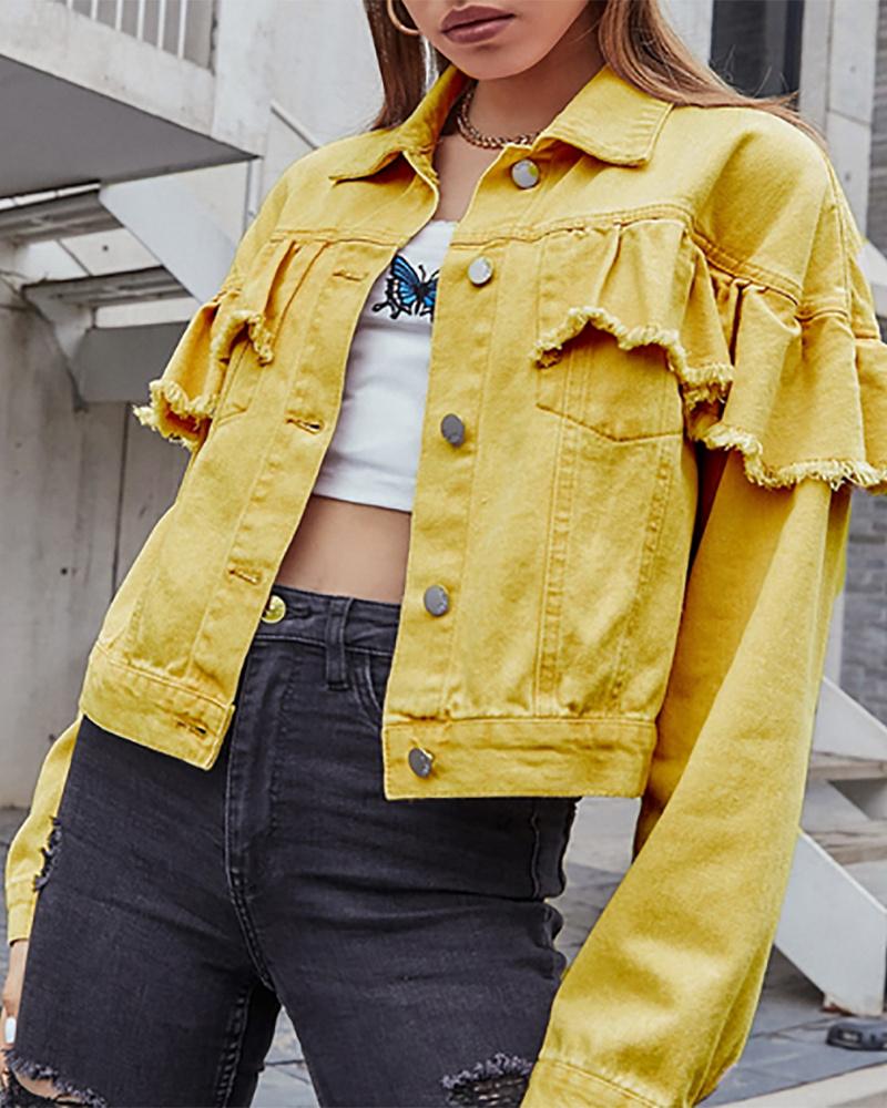 

Fringe Hem Ruffles Button Front Denim Coat, Yellow