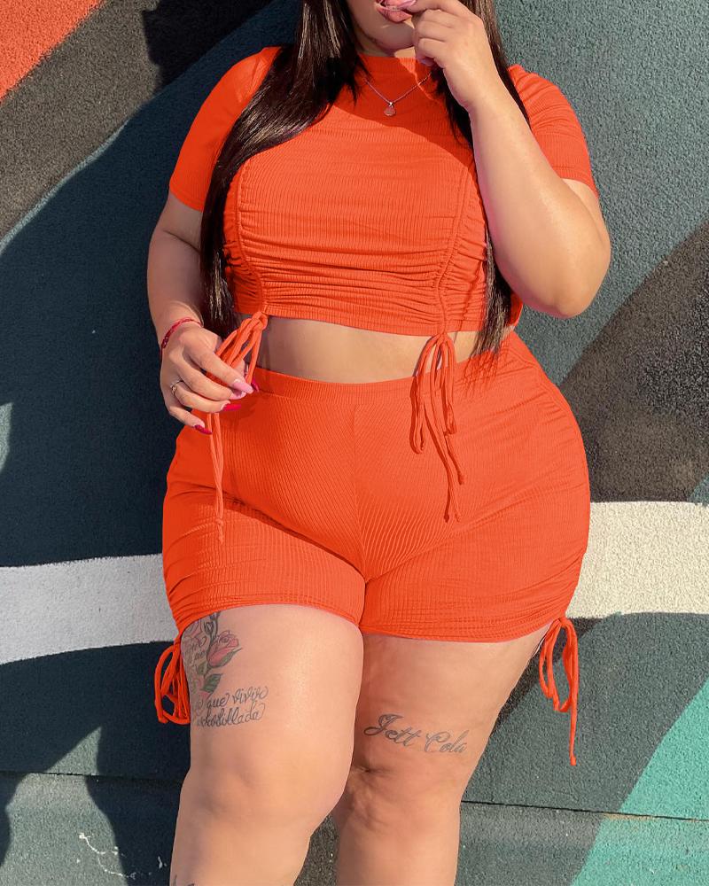 

Plus Size Drawstring Ruched Crop Top & Shorts Set, Orange