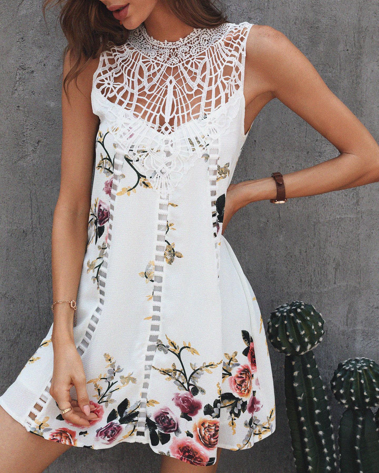 

Casual Lace Patchwork Floral Dress, White