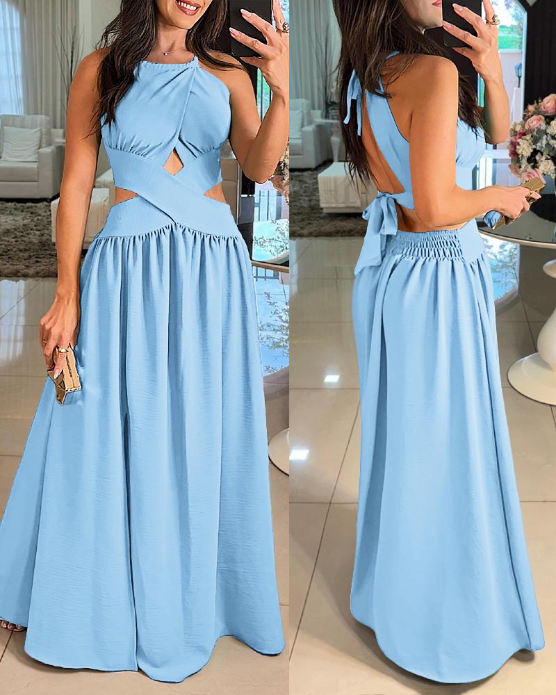 

Halter Sleeveless Tied Detail Shirred Criss Cross Flared Dress Glamorous Evening Dress, Lighted blue