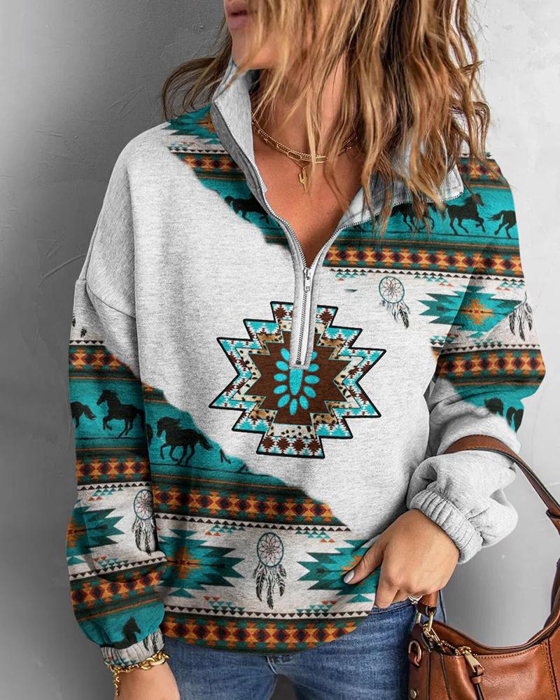 

Aztec Geometric Print Zipper Design Sweatshirt, White