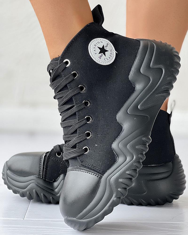 

Colorblock Lace-up Platform Canvas Sneakers, Black