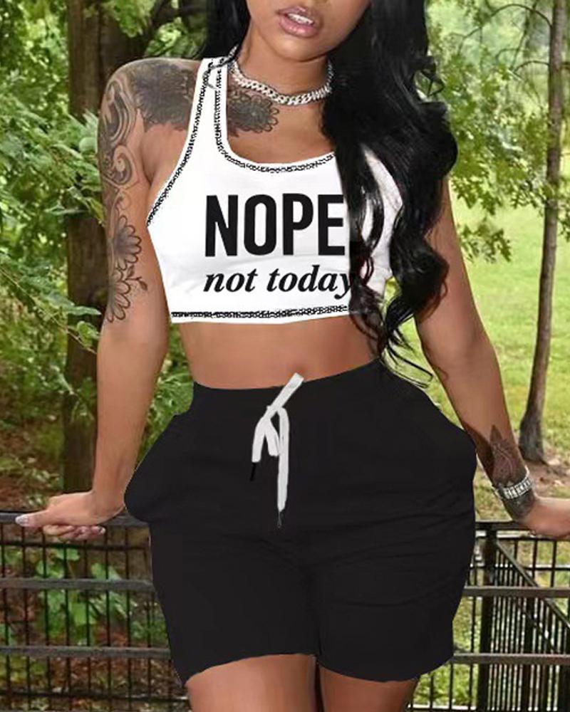 

Letter Print Crop Tank Top & Drawstring Shorts Set, Black