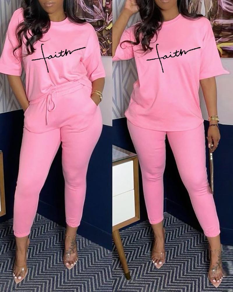 

Letter Print Short Sleeve Top & Pocket Design Pants Set, Pink