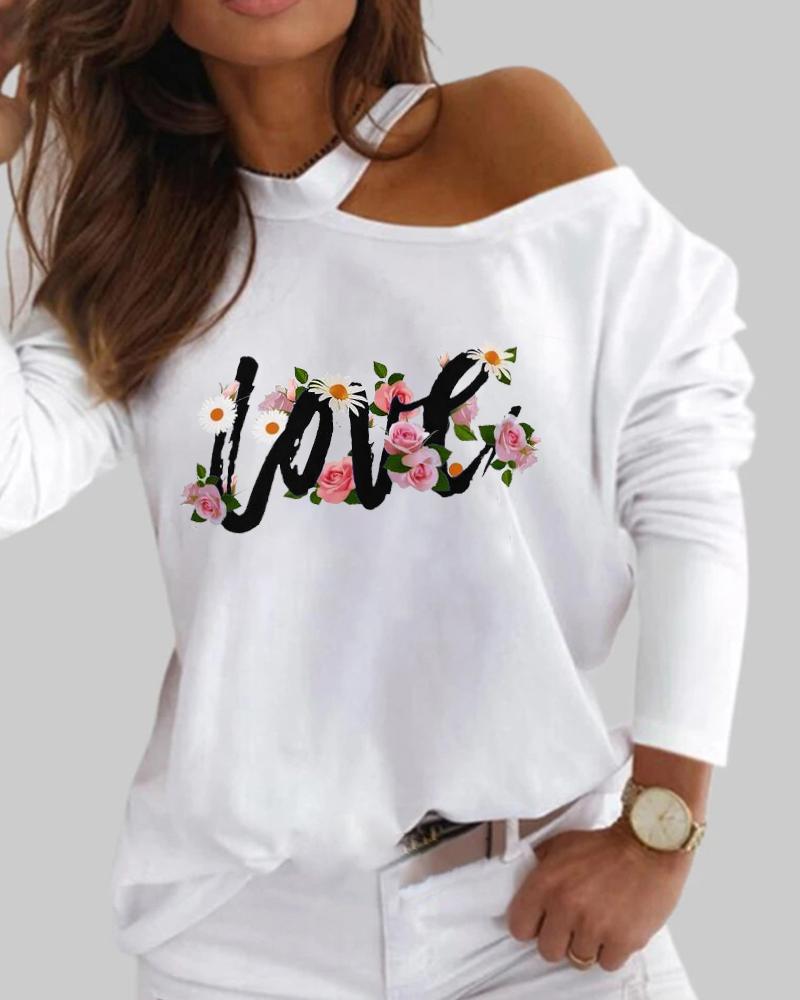 

Valentine' Day Letter Floral Print Cold Shoulder Top, White