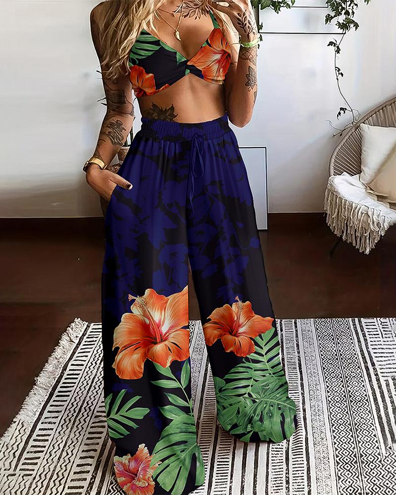 

Tropical Print Twisted Crop Top & Wide Leg Pants Set, Black