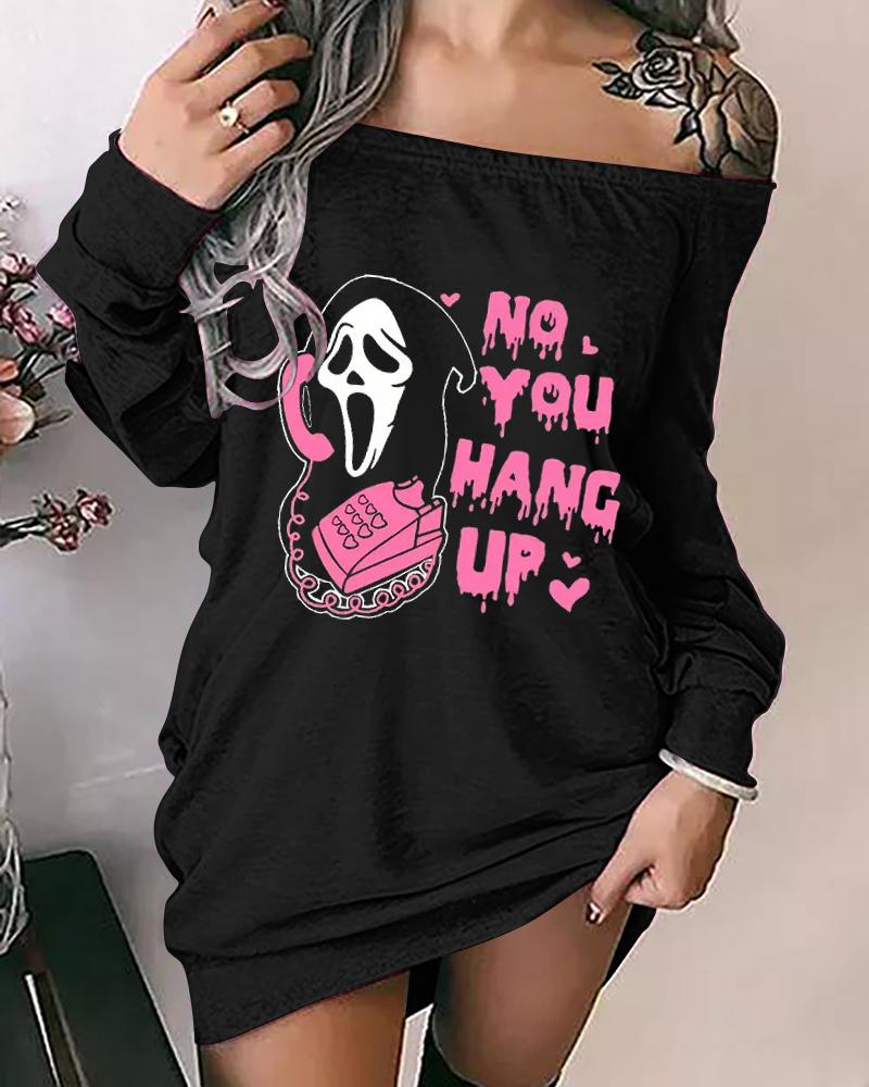 

Halloween Melting No You Hang Up Graphic Print Off Shoulder Dress, Black