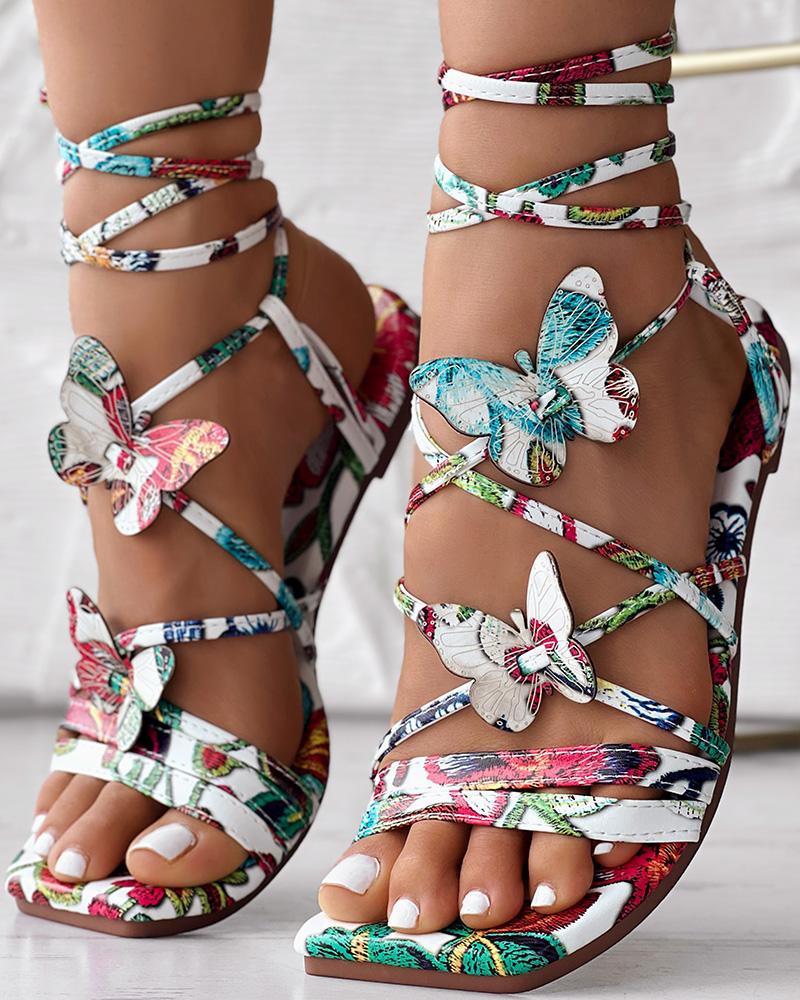 

Sandalias con múltiples tiras y estampado de mariposas, Multicoloured&white