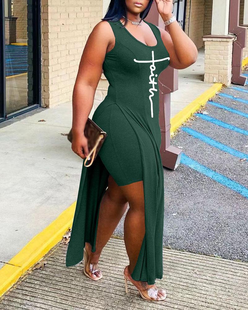 

Letter Print Split Side Longline Top & Shorts Set, Dark green