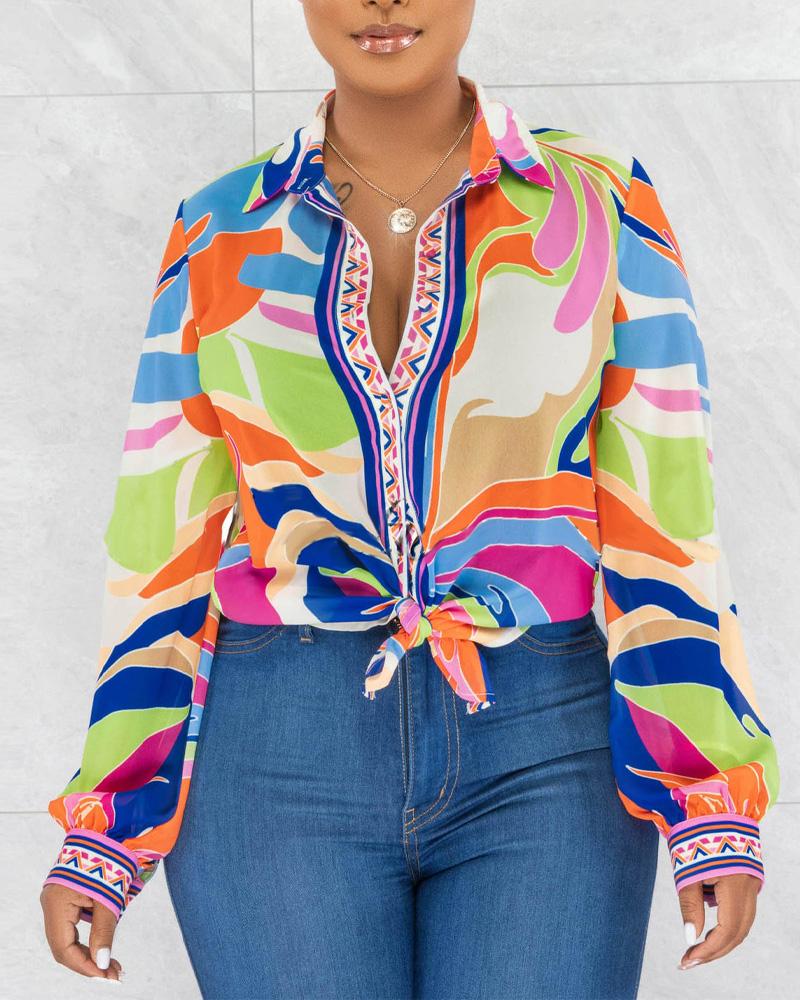 

Abstract Print Lantern Sleeve Button Down Shirt, Multicolor