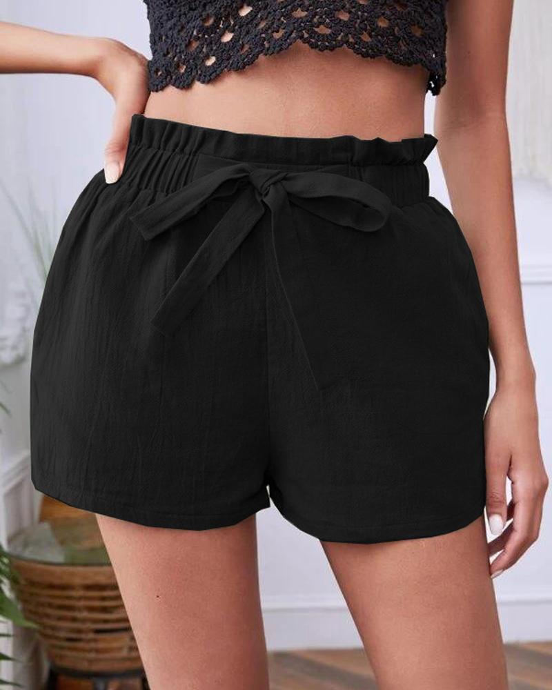 

Pocket Detail Tie Front Casual Shorts, Black