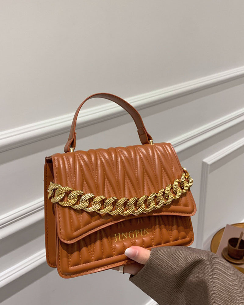 

Chain Decor Quilted Flap Shoulder Bag With Handle, Brown