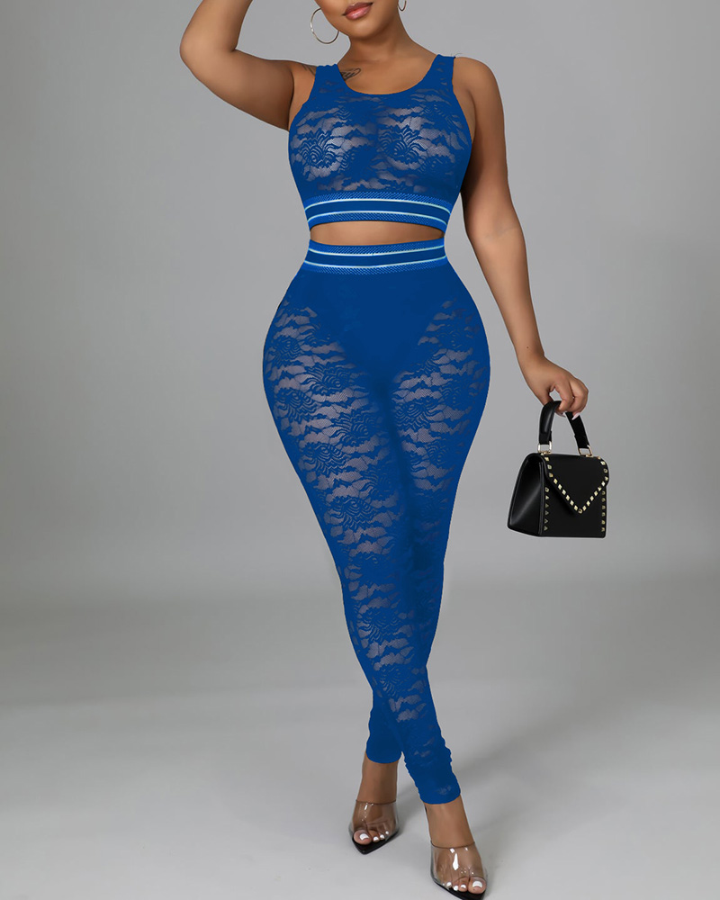 

Crochet Lace Striped Tank Top & High Waist Pants Set, Blue