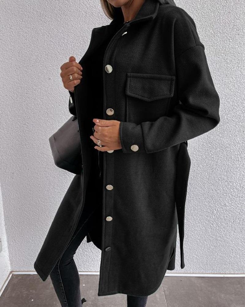 

Long Sleeve Button Down Belted Coat, Black