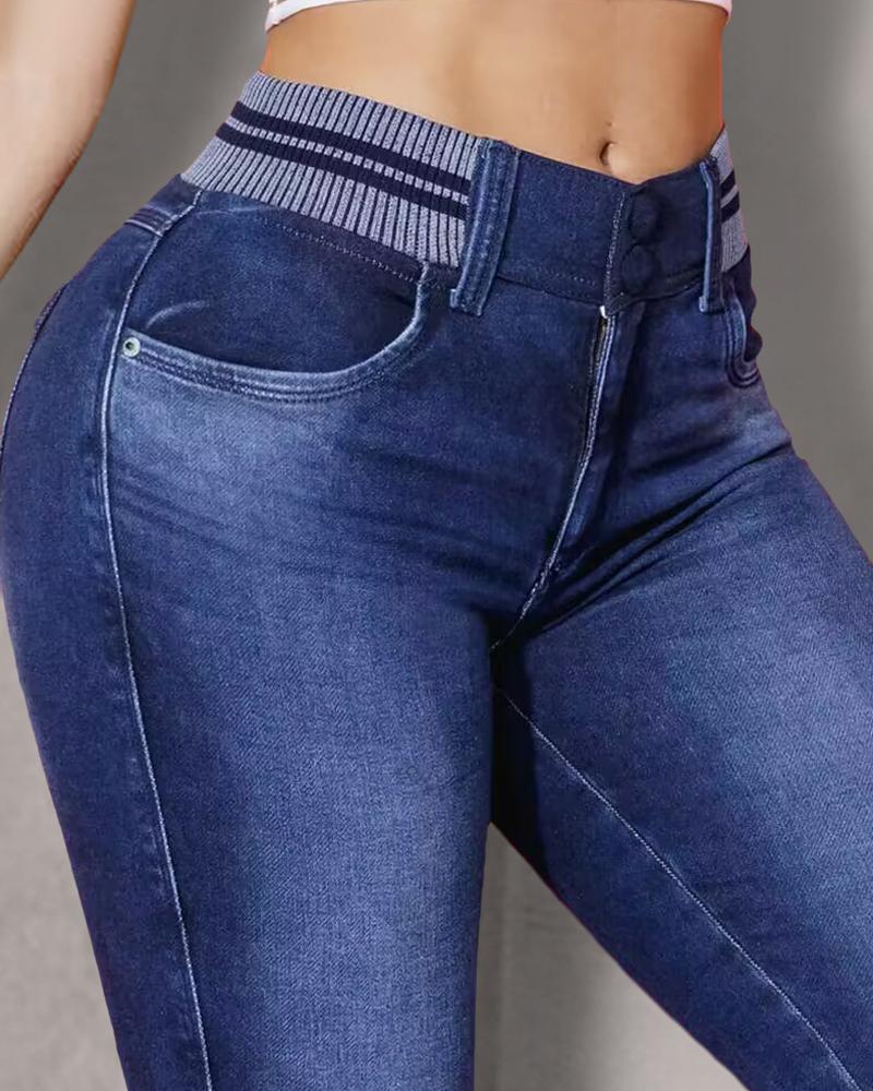 

Elastic Waist Pocket Design Cuffed Jeans, Blue