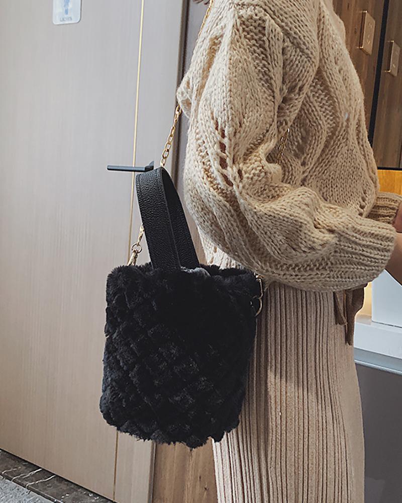 

Chain Fluffy Quilted Bucket Bag, Black