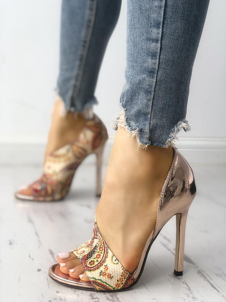 

Tribal Print Peep Toe Thin Heeled Sandals, White