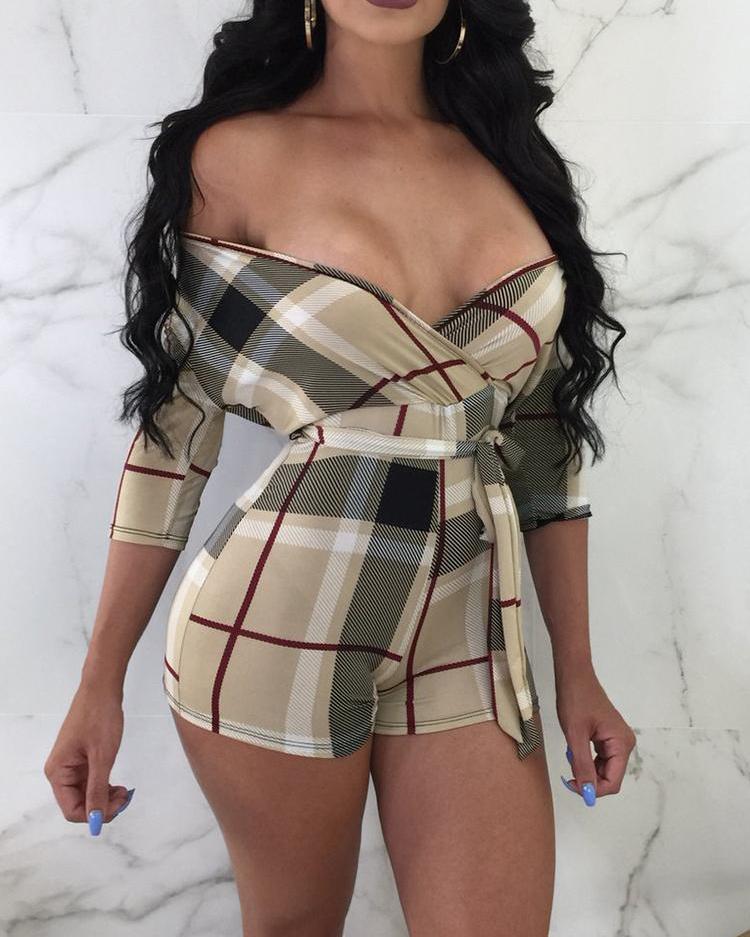 

Deep V Neck Retro Print Belted Rompers, Khaki
