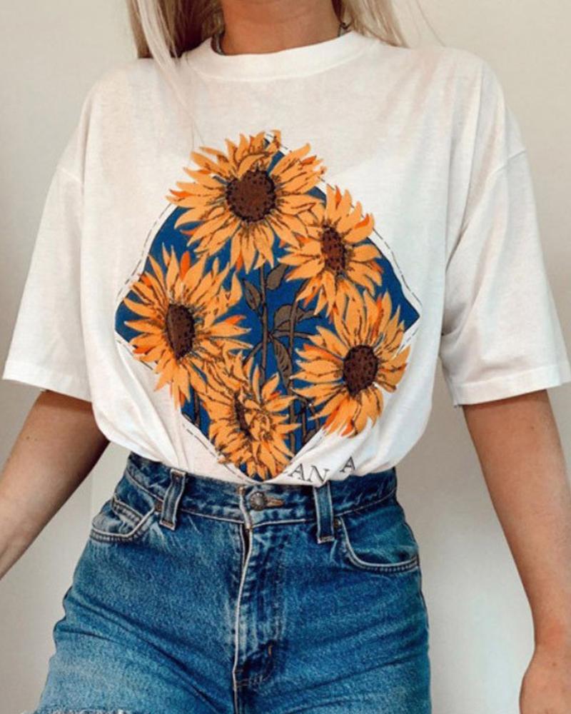 

Sunflower Print Round Neck T-shirt, White