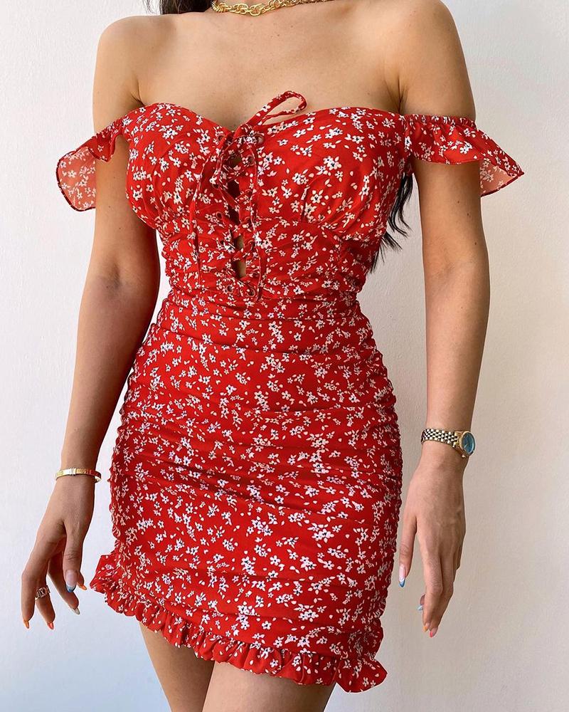 

Floral Print One Shoulder Lace-up Ruched Mini Dress, Red