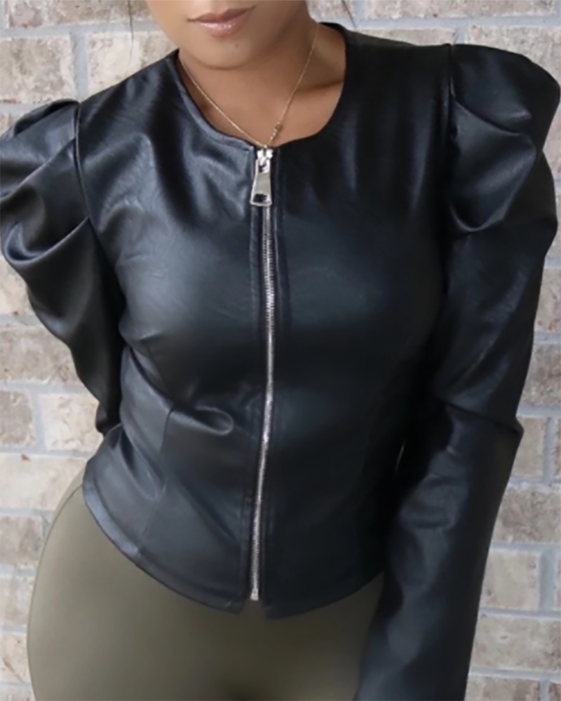

PU Leather Zipper Design Puff Sleeve Jacket, Black