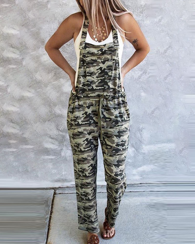 

Camouflage Print Drawstring Suspender Jumpsuit, Camoflage