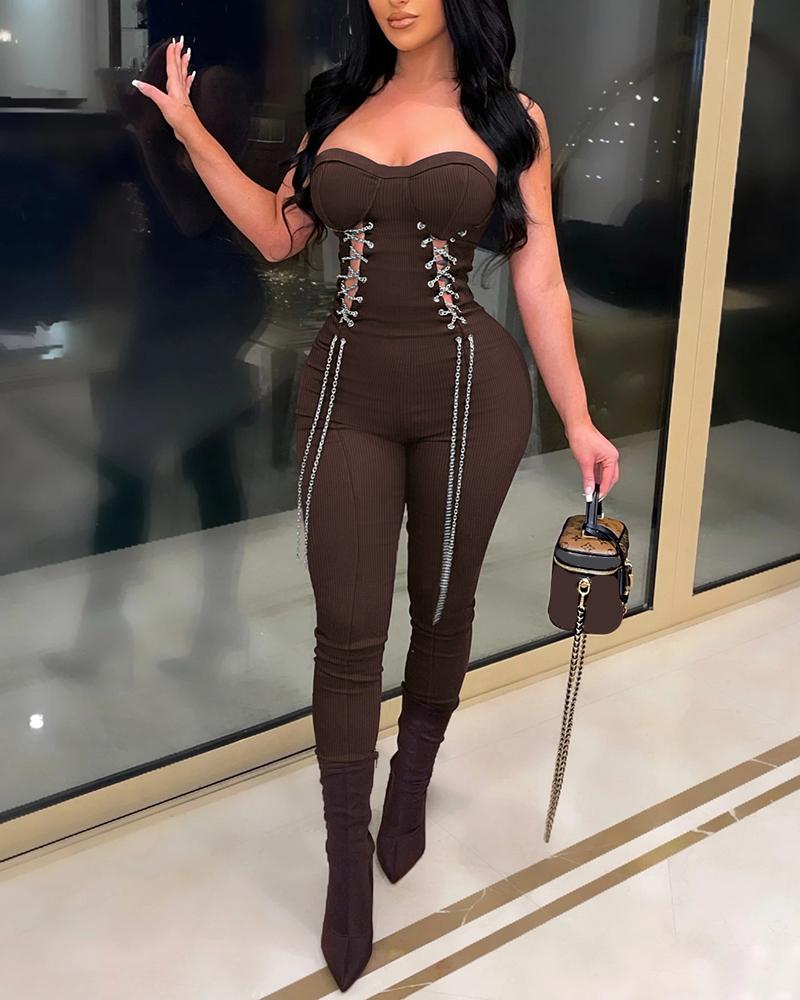 

Eyelet Chain Lace-up Bandeau Jumpsuit, Coffee