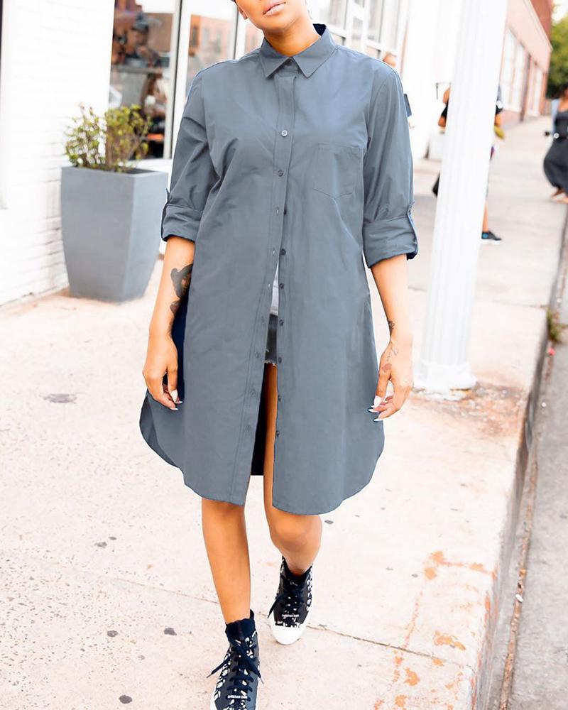 

Long Sleeve Button Design Shirt Dress, Gray