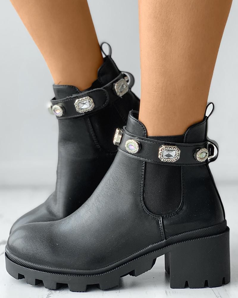 

Tie Dye / Plain Rhinestone Decor Chunky Ankle Boots, Black
