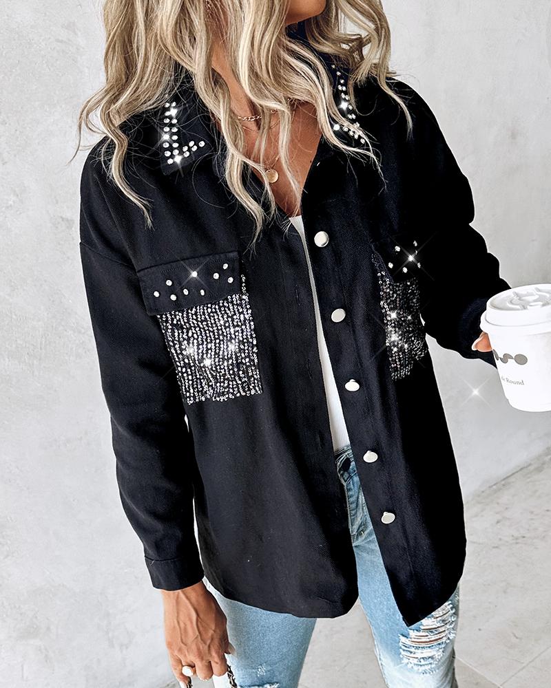 

Contrast Sequin Studded Pocket Design Denim Jacket, Black