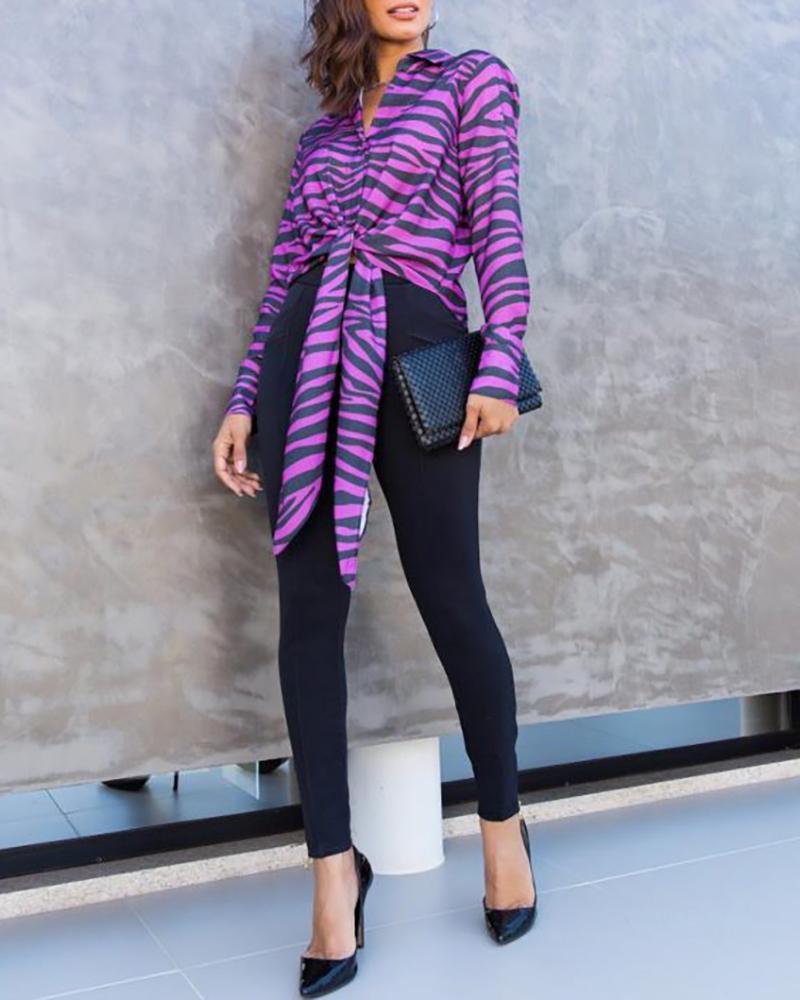 

Zebra Stripe Print Tie Front Long Sleeve Shirt, Purple