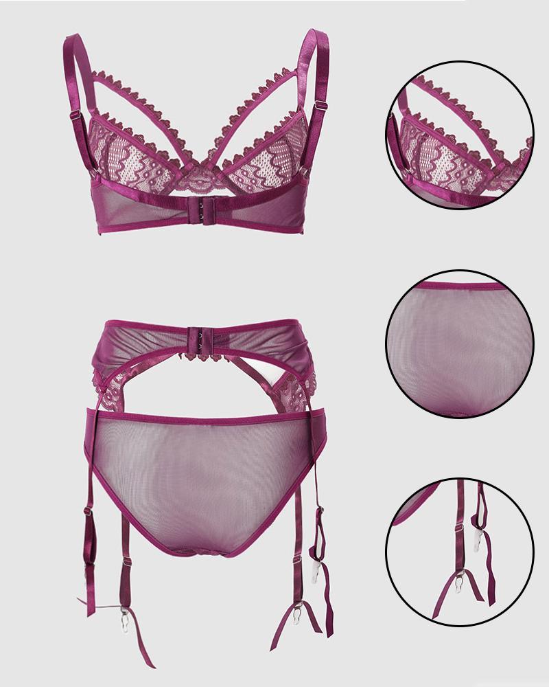 

3PCS Sheer Mesh Lace Garter Lingerie Set, Purple
