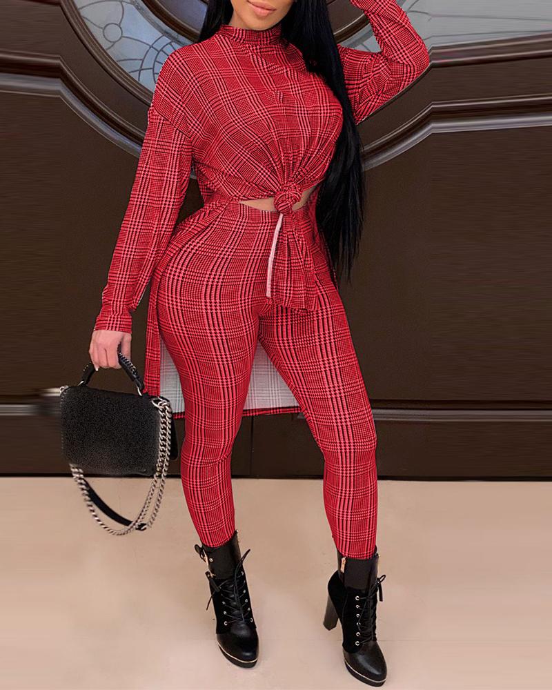 

Houndstooth Slit Top & High Waist Pants Set, Red