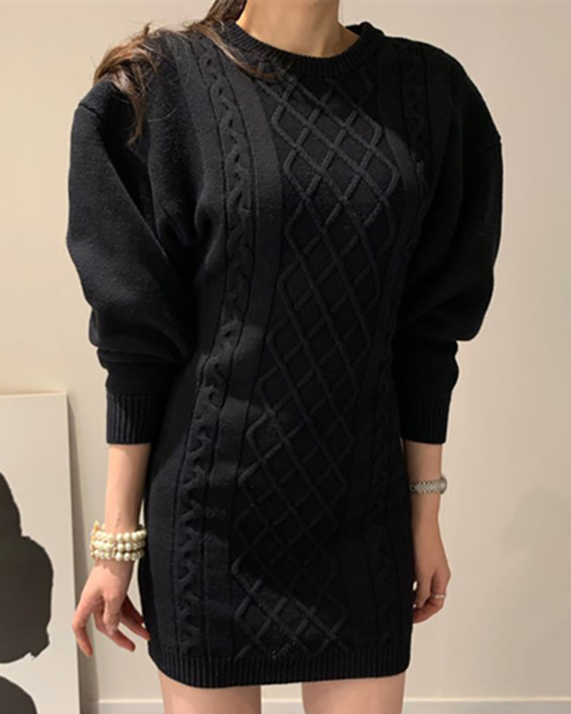 

O Neck Braided Cutout Long Sleeve Sweater Dress, Black