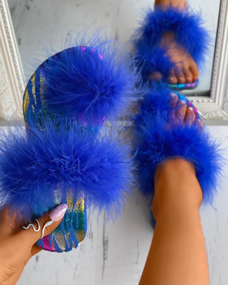 

Feather Detail Toe Post Slide Slippers, Blue
