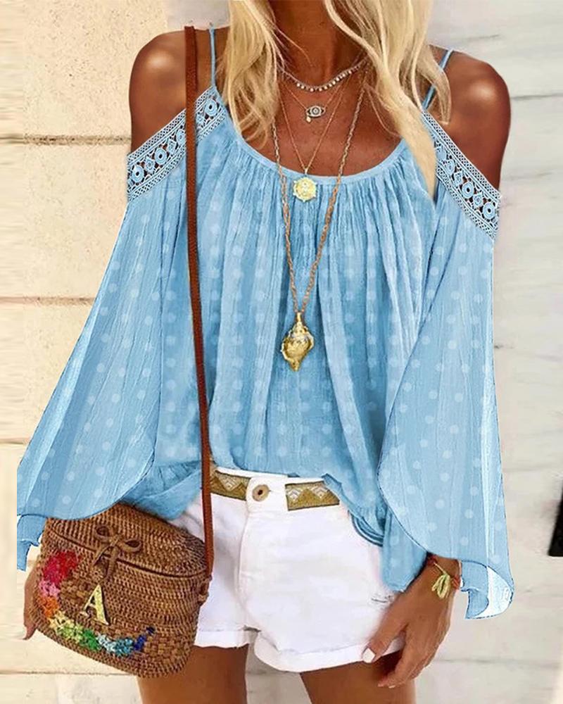 

Polka Dot Print Contrast Lace Cold Shoulder Top, Blue