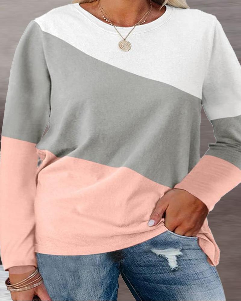 

Plus Size Colorblock Long Sleeve Casual Top, Pink