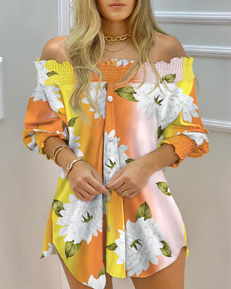 

Floral Print Shirred Off Shoulder Casual Shirt Dress, Multicolor