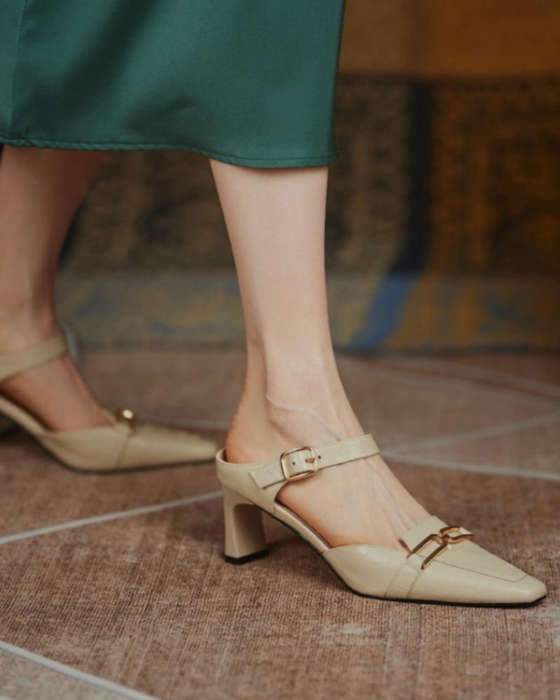 

Square Toe Buckled Slide Heels, Khaki