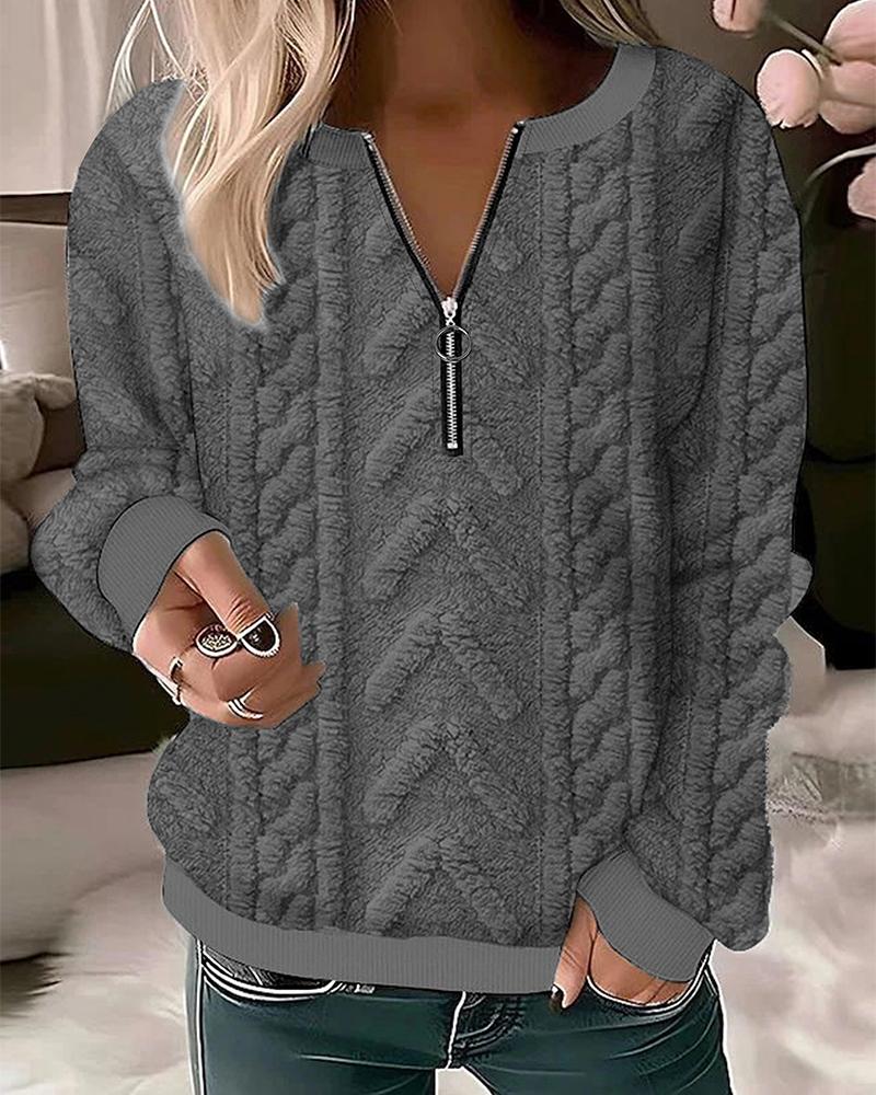 

Zipper Design Fuzzy Textured Sweatshirt, Gray