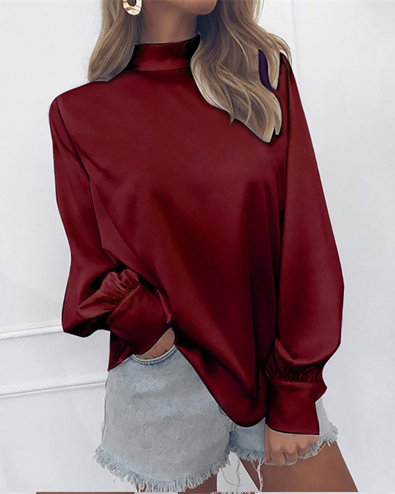 

Solid Lanter Sleeve Casual Blouse, Wine red