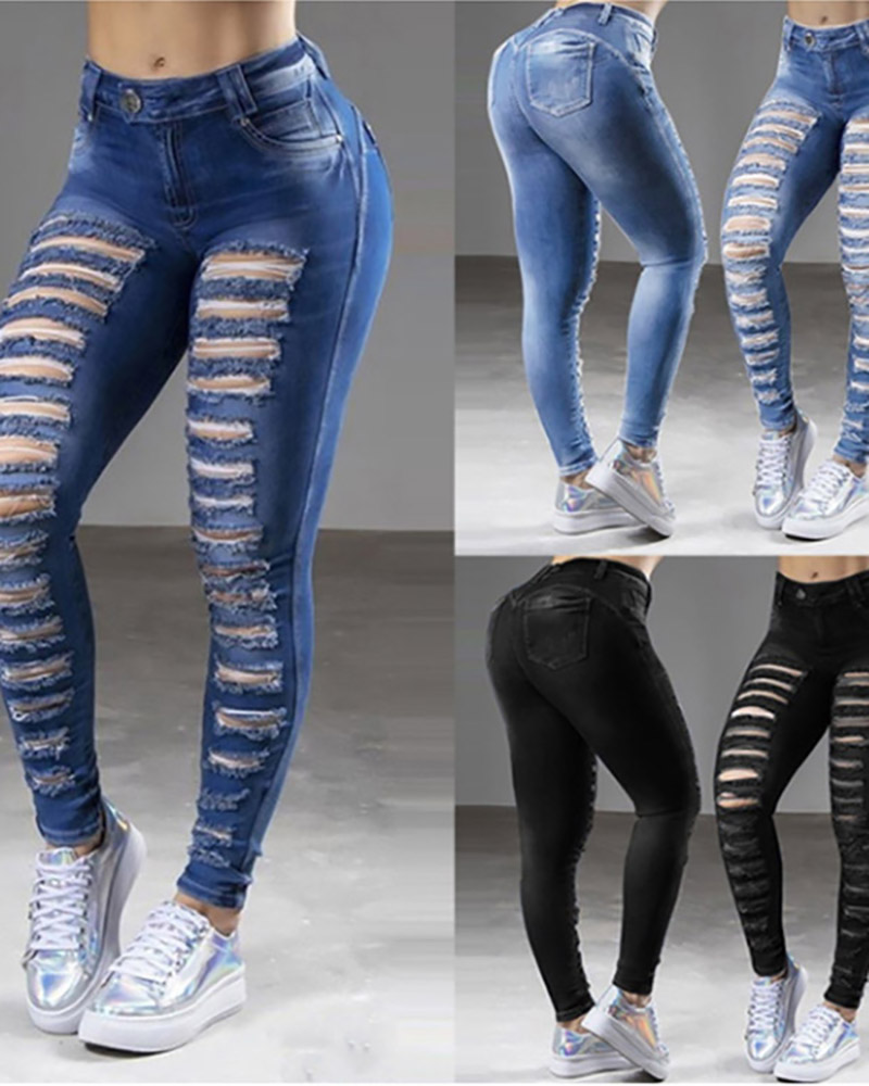 

Ripped Pocket Design High Waist Jeans, Dark blue