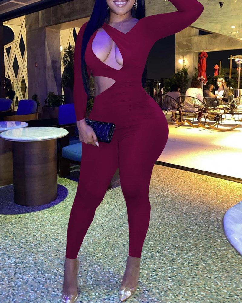 

Long Sleeve Cutout Skinny Jumpsuit, Wine red