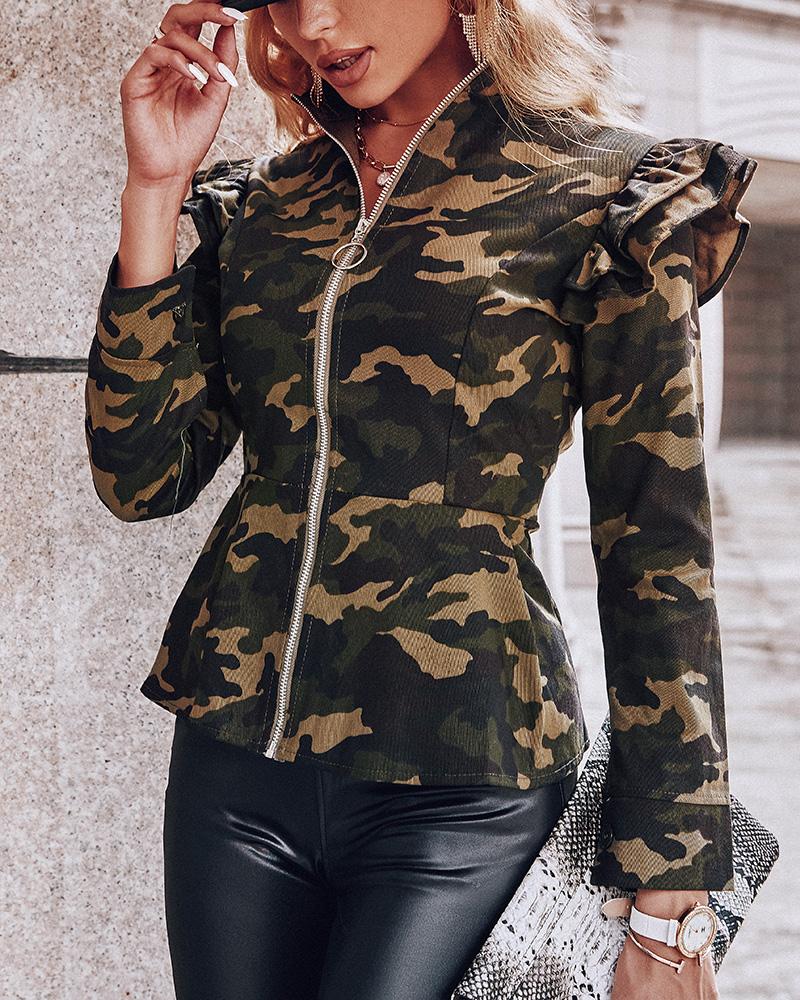 

Camo Print Frill Hem Zipper Design Bomber Jacket, Green