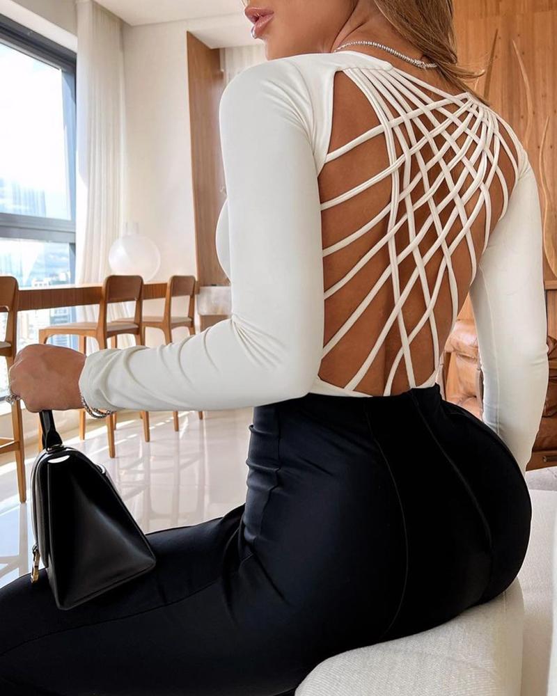

Crisscross Cutout Backless Long Sleeve Bodysuit, White