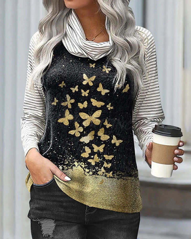 

Striped Butterfly Print Long Sleeve Top, Black