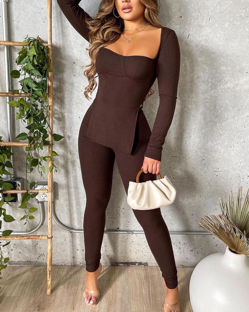 

Long Sleeve Split Hem Top & Skinny Pants Set, Brown