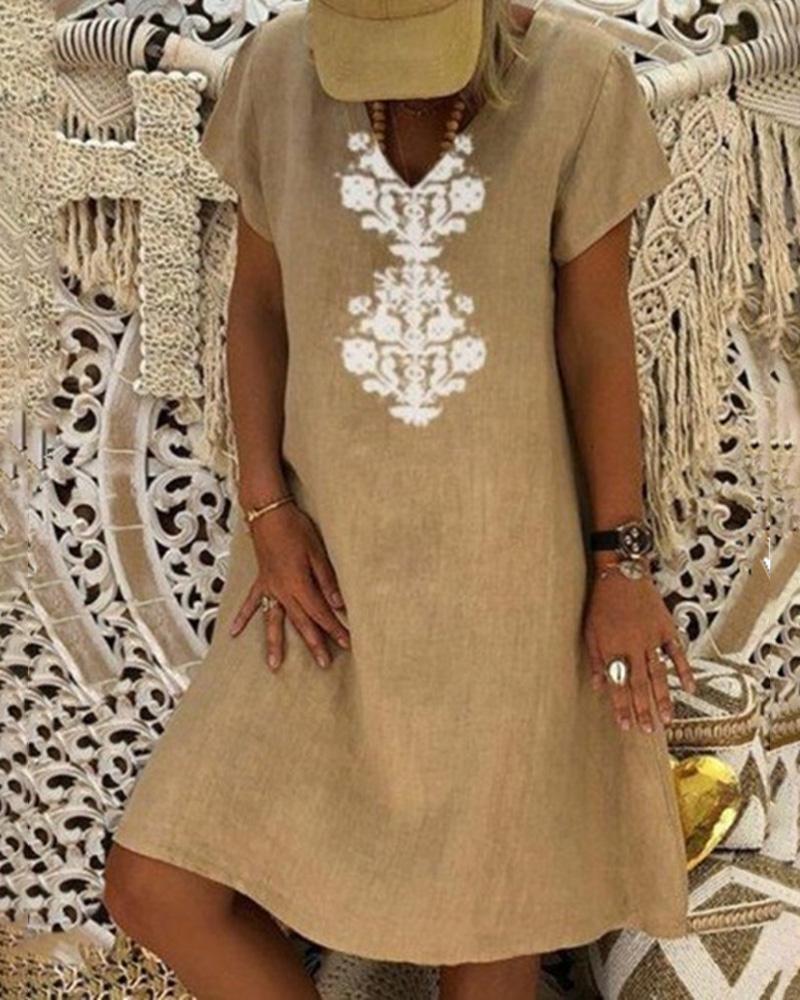 

Retro Print Short Sleeve Casual Dress, Khaki
