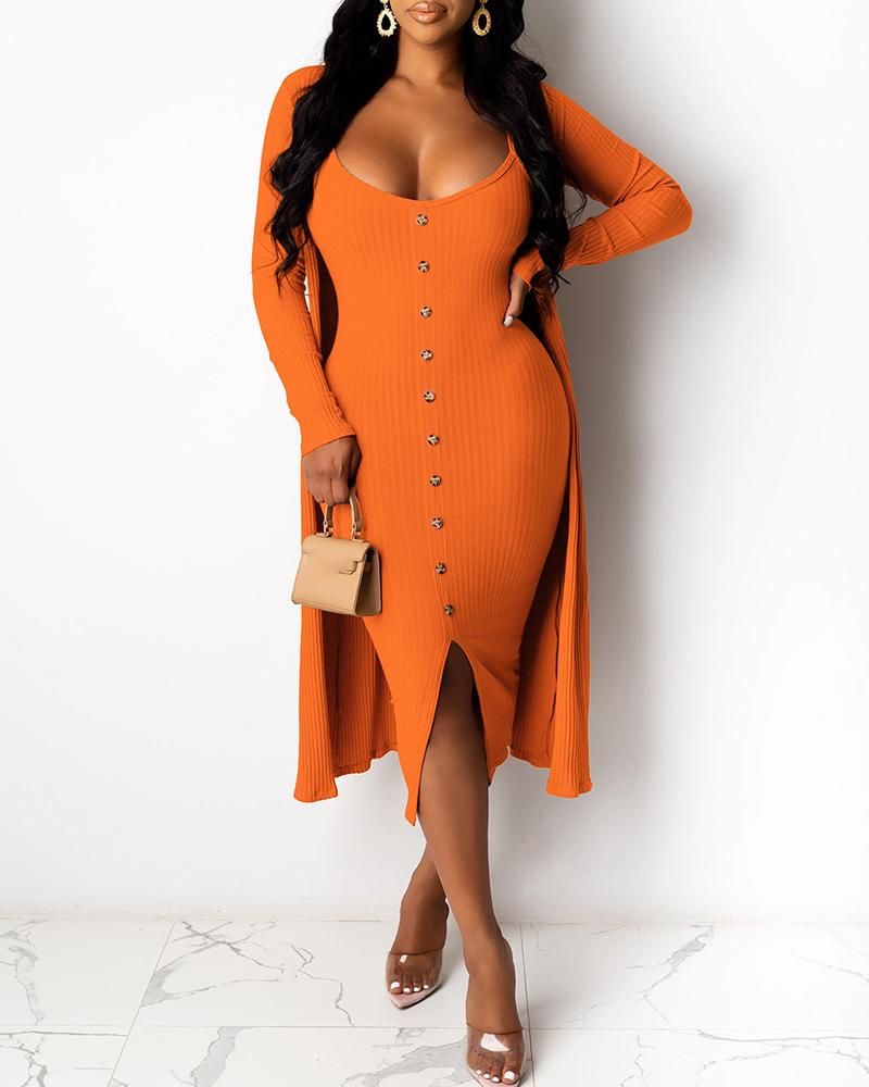 

Ribbed Button Decor Slit Dress With Long Sleeve Cardigan, Orange